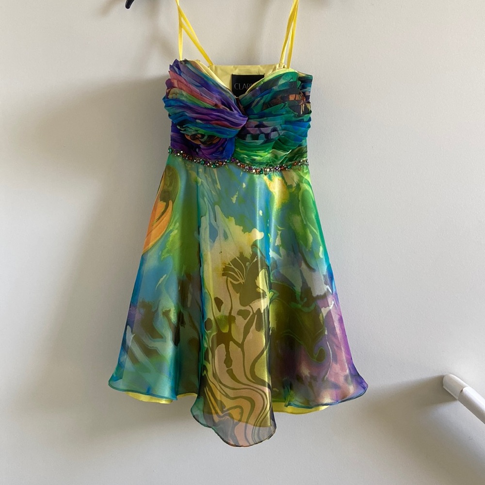 Formal Homecoming Mini Dress Colorful Print Strapless Beaded Trim